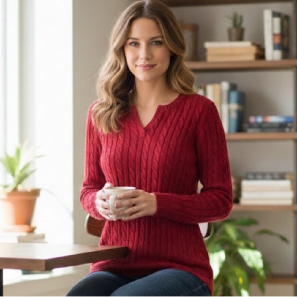 Croft & Barrow V-Neck Red Cable Knit Sweater Size like S